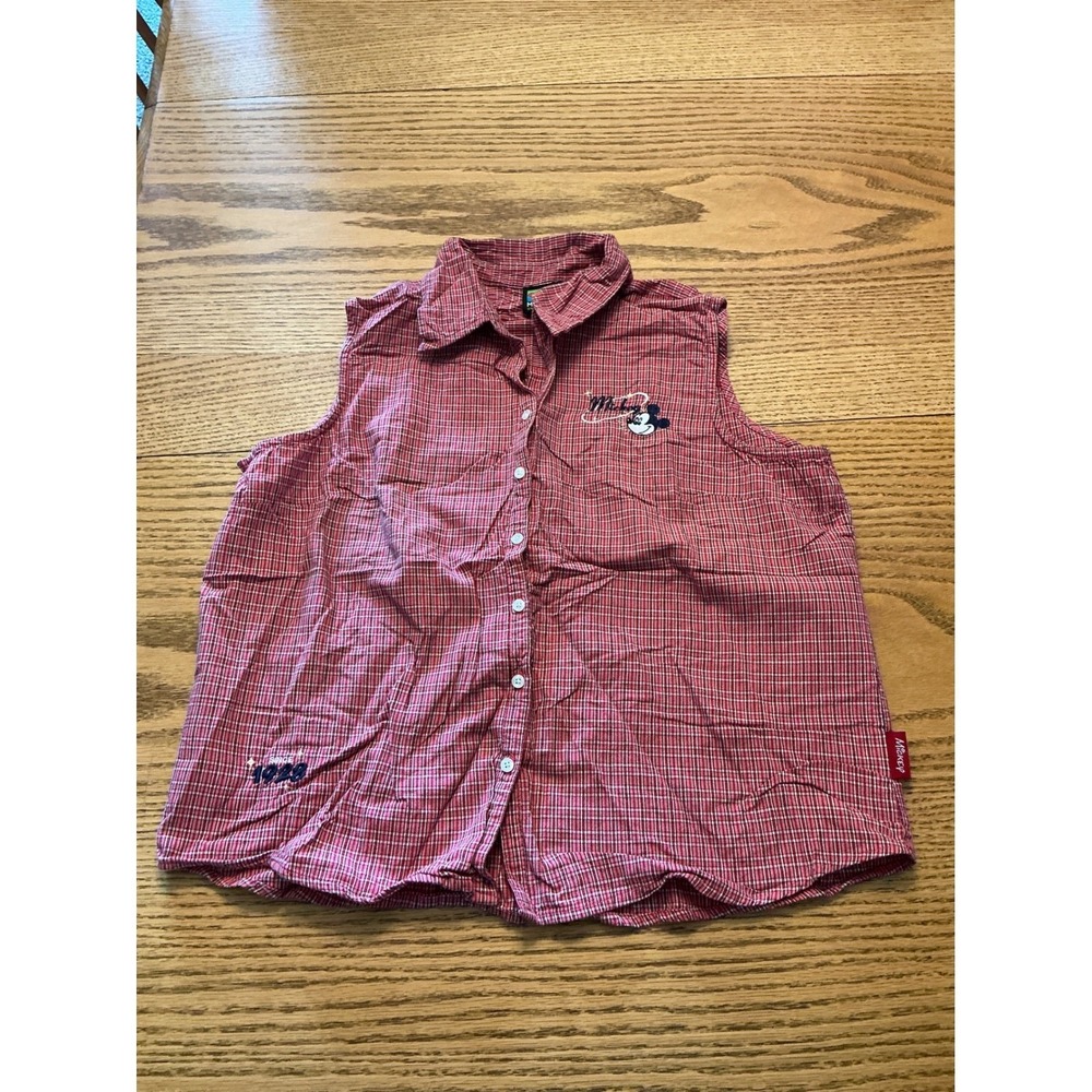 Mickey Unlimited Disney Plaid Sleeveless Button Down Shirt Red White Womens XL